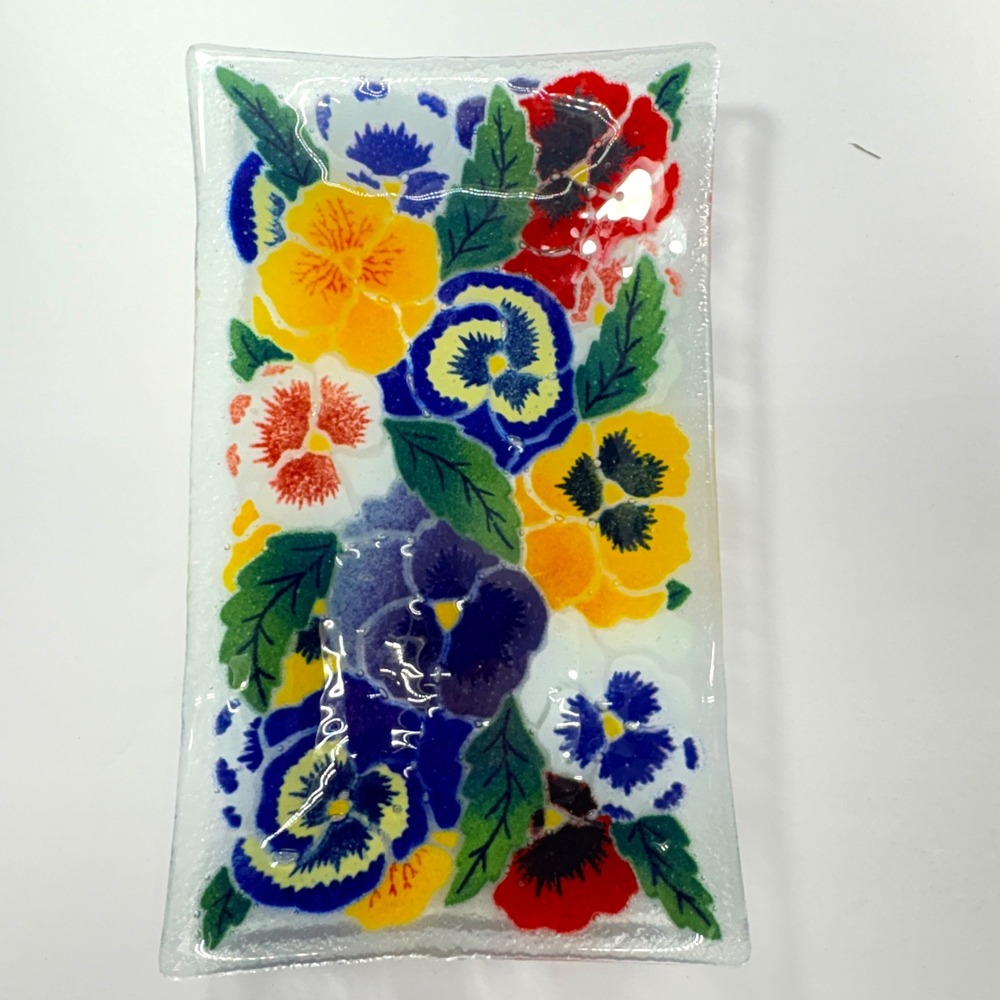 Peggy Karr Fused Art Glass Rectangular Pansies Tray 10 x 6 in Retired